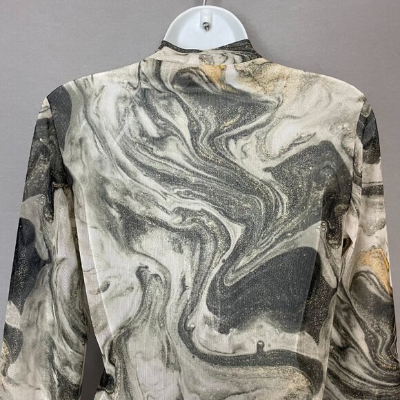 Amisu Sheer Top Marbled Print Gray Long Sleeve Mock Neck Clubbing Festival Woman - Picture 5 of 9